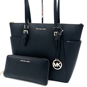Michael Kors Large Charlotte Tote Bag & Large Continental Wallet Wristlet Black
